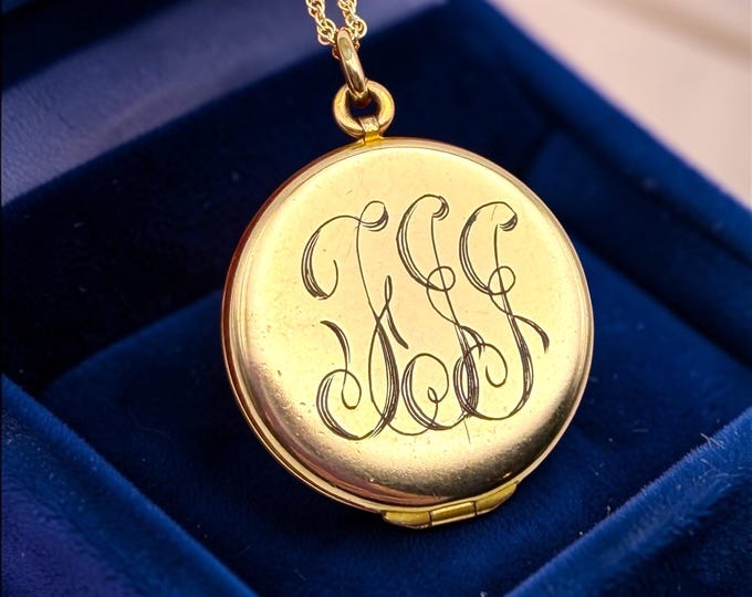 Antique Gold Filled Locket Necklace: Edwardian FJJ Monogram Photo Jewelry