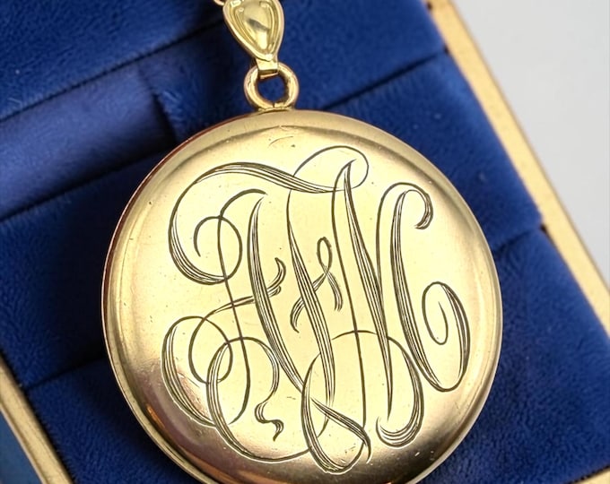 Antique Gold Filled Locket Necklace: Monogrammed Letters "AFM" Photo Jewelry, LARGE Edwardian Round Locket on 14K GF Chain