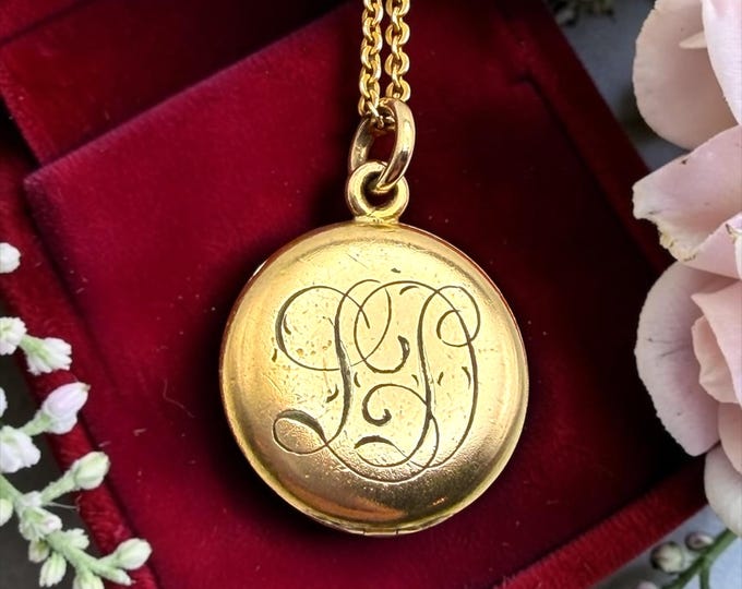 Antique Round Gold Filled Locket LD Monogram - W&H Co Hallmark - Small 2 Photo Pendant Necklace 12K GF Chain 1900s Edwardian Estate Jewelry