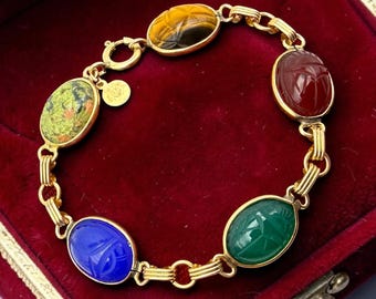 Vintage 12K Gold Filled Scarab Bracelet: Mid Century Egyptian Revival Jewelry, Carved Gemstone Multicolor Bracelet