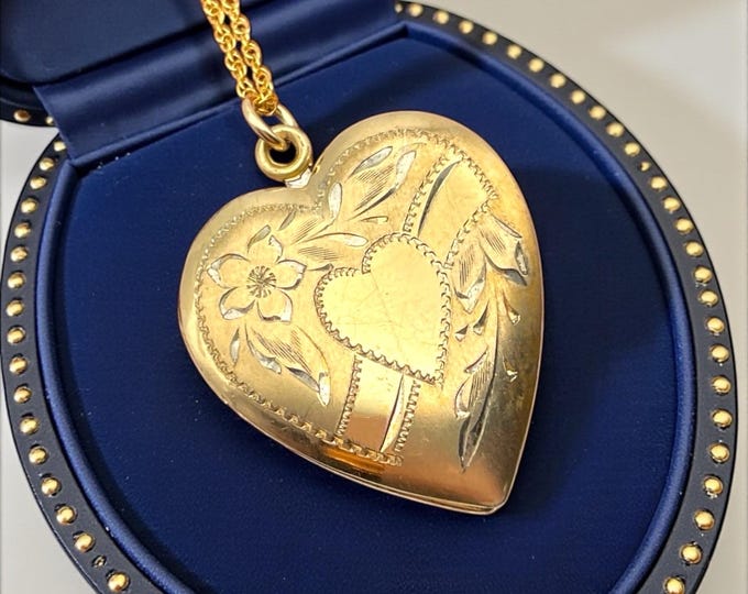 Vintage Heart Locket - Vermeil Etched Sweetheart Necklace - 10K Gold Filled on Sterling 14K GF Chain Photo Pendant