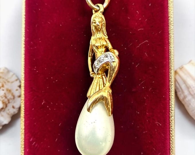 Vintage Mermaid and Pearl Necklace - 18K Gold Filled Pendant Charm on 14K GF Chain, Whimsical Mermaid Rhinestone Pearl Design