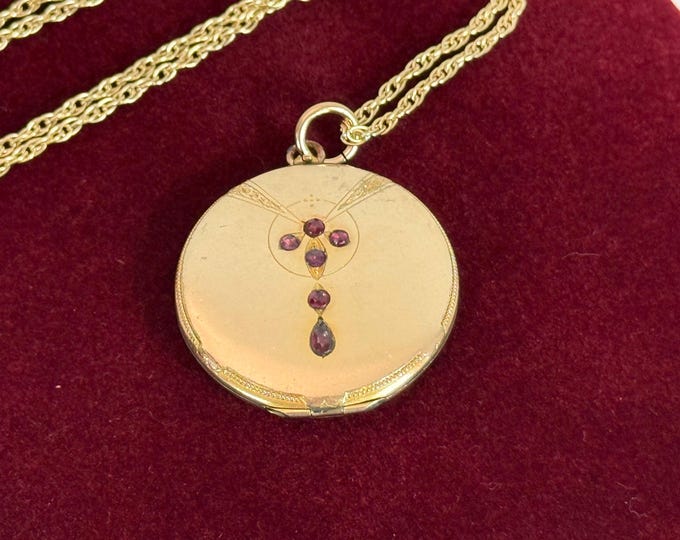 Art Nouveau Gold Plated Locket Necklace: Red Glass Gems, Photo Pendant, 14K GF Chain