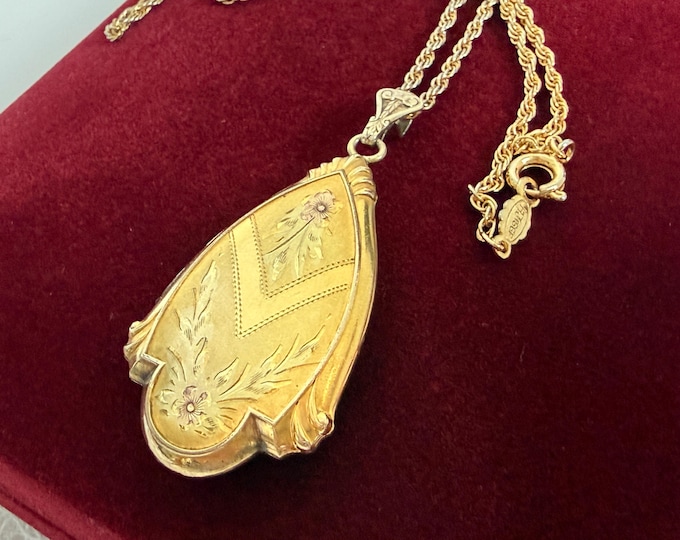 Vintage 12K Gold Filled  Locket Necklace, WH Hallmark, Shield Shape, Etched Flowers