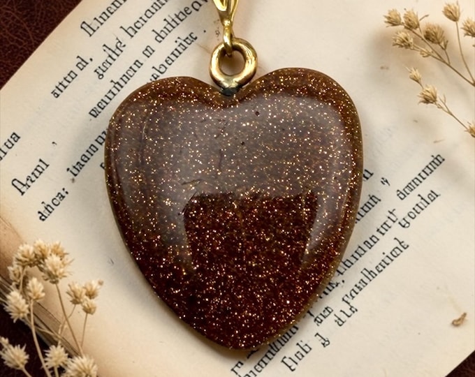 Vintage Goldstone Heart Pendant Necklace - 14K Gold Filled Chain Orange Glitter Heart Stone Charm