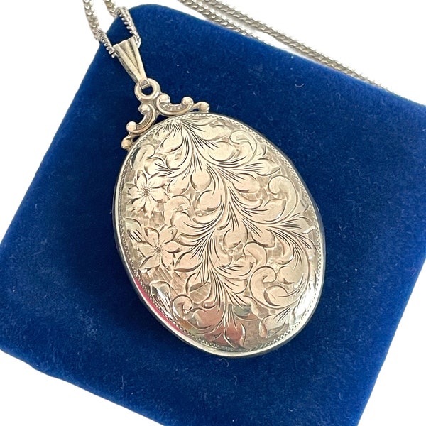 LARGE Birks Style Oval Sterling Silver Locket Necklace - Vintage Hand Chased Flower Leaves Swirl Design Monogrammed IH - Photo Pendant 925