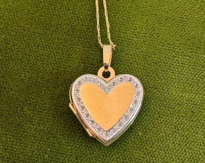 Vintage 10K Gold Heart Locket Necklace: White Spinel Gem Accents