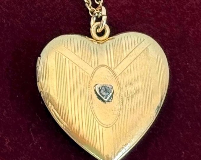 Vintage 12K Gold Filled Etched Heart Locket w/ Diamond, GF Chain, 2 Photo Necklace