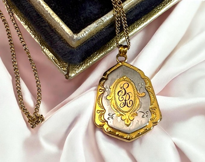 Vintage 14K Gold Filled Hayward WEH Locket Necklace in Shield Shape & SR Monogram - Two Toned w/ Etched Designs - 2 Photo Wells on GF Chain