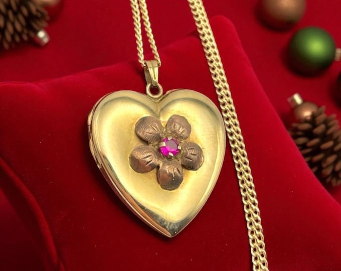 Vintage 10K Gold Heart Locket Necklace: Pink Sapphire Flower, Keepsake Photo Pendant