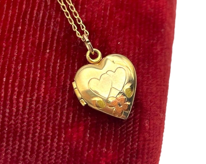 Vintage 14K Gold Filled Heart Locket Necklace - Small Petite Pink Green Pendant by Marathon Company GF Chain Retro Estate Jewelry Girl Child