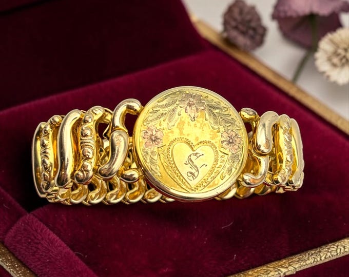 Vintage Bracelet by Pitman & Keeler - Gold Filled Monogram Letter S Round Front - American Queen Expandable Stretch S Link Jewelry 1940s