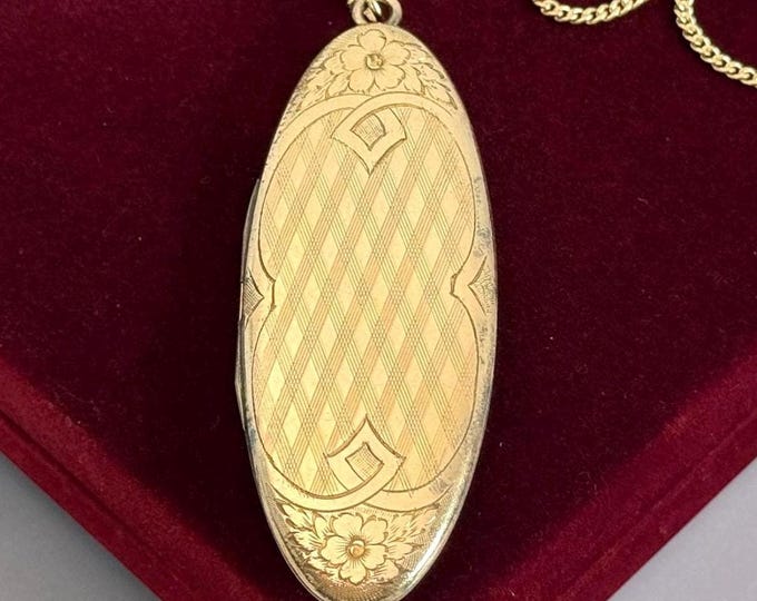 Antique LARGE Oval Gold Filled Floral Locket Necklace, Etched Design, 2 Photo Wells