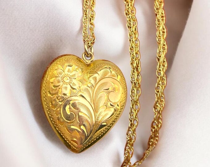 Vintage Birks Heart Pendant - Vintage Gold Filled Charm with Etched Flowers Floral Puffy Heart Necklace - Love Gift for Her on 14K GF Chain