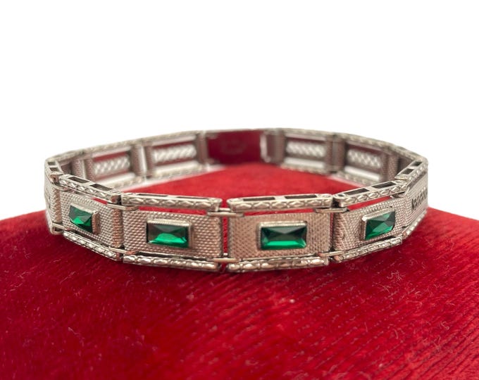 Art Deco Sterling Silver Filigree Link Bracelet - Green Paste Stones Rhinestones 7.25" by Wells Vintage Estate Antique Jewelry Gift for Her