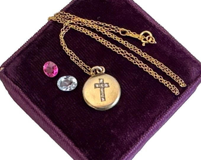 Vintage Small Gold Filled Round Locket w/ Cross & 7 Clear Paste Stones on 14K GF Rope Chain - Petite Pendant Necklace w/ Christian Motif