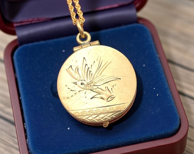 Antique Gold Filled Locket Necklace – Etched Bird Fob, 1900s