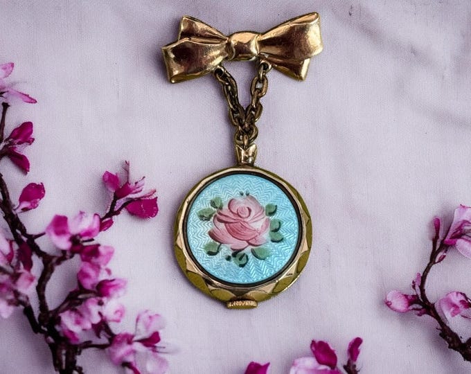 Vintage Lapel Brooch Blue Guilloche Watch w/ Rose Hanging on Bow Pin - Art Deco Retro Estate Jewelry - LOUIS Hallmarked - Non-working Watch