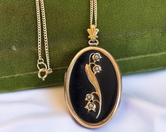 Vintage 12K Gold Filled Floral Black Enamel & Seed Pearl Oval Locket on 14K GF Chain w/ Binder Bros Hallmark - Lily of Valley - Gift for Her