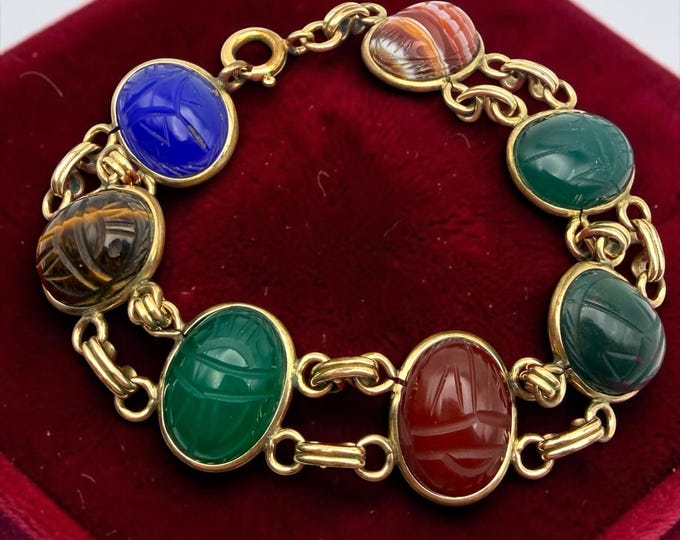 Genuine Vintage 12K Gold Filled Scarab Bracelet: Double Links Mid Century Egyptian Revival Jewelry, Carved Gemstone Multicolor by Harry Bick
