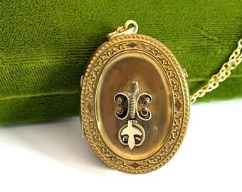 Antique Etruscan Revival Locket: Mixed Metal Bird & Butterfly Pendant, 14K Gold Filled Chain