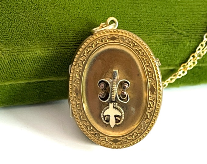 Antique Etruscan Revival Locket Ornate Oval w/ 14K Gold Filled Chain - Mixed Metal Pendant w/ 3D Bird & Butterfly Late 1800s Estate Jewelry