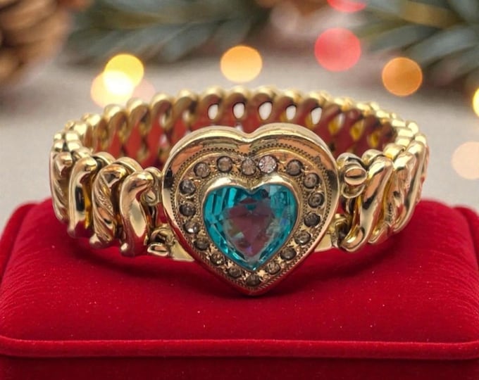Vintage Gold Filled Expansion Bracelet: Aqua Heart, DFB Hallmark