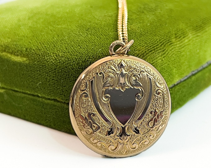 Art Nouveau Gold Filled Round Locket Necklace - FHS Co Hallmark 2 Photo Pendant Necklace 18” 14K GF Rolo Chain - Antique Estate Jewelry