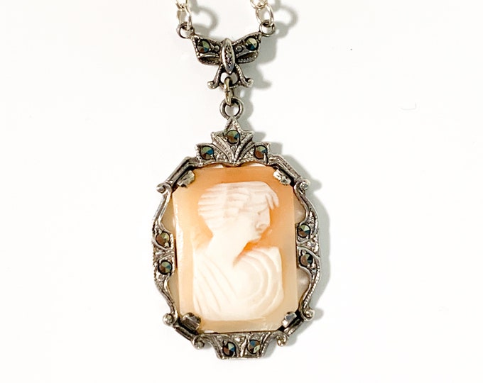 Antique Sterling Silver Cameo Pendant - Ornate Victorian Necklace w/ Marcasite & Carved Shell on Silver Chain Y Connecter