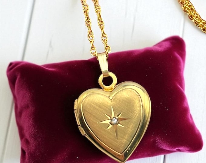 Vintage 12K Gold Filled Heart Diamond Locket - on 14K GF Chain Small Pendant Necklace Photo Estate Jewelry Love Gift for Her