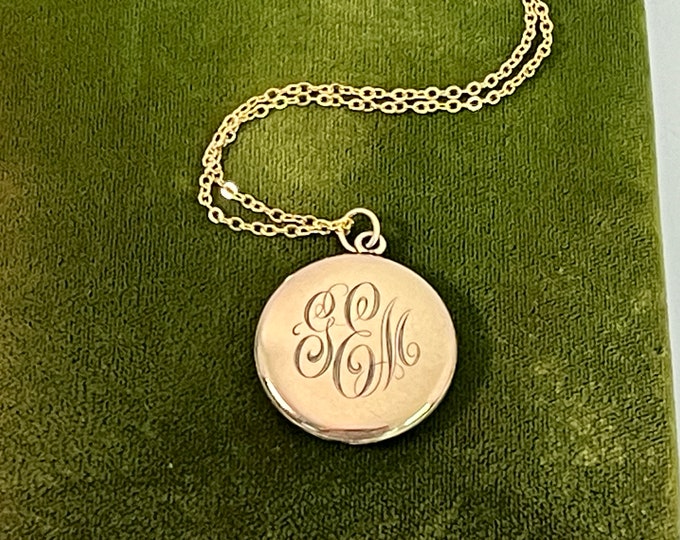 Antique Round Rose Gold Filled Locket w/ “GEM” Monogram -  W&H CO Hallmark - 2 Photo Pendant Necklace on 14K Gf Chain ca 1900 Estate Jewelry
