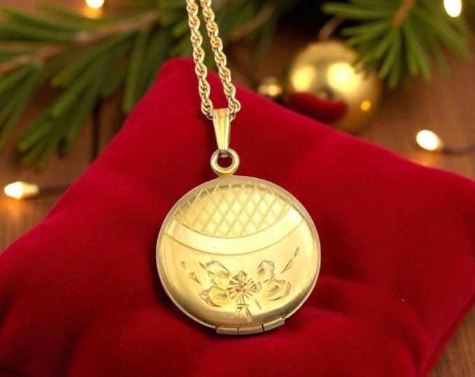 Vintage 12K Gold Filled Floral Locket Necklace - Etched Photo Pendant