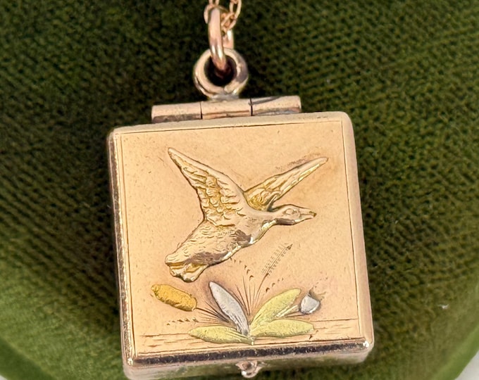 Antique Rose Gold Filled Locket: Duck & Cattail Fob, 14K GF Chain