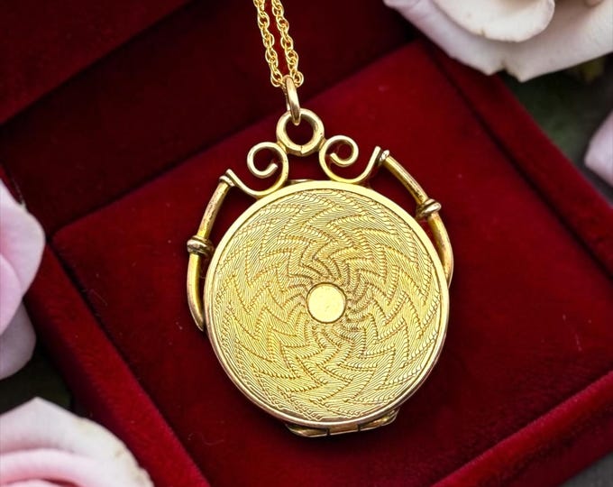 Antique Gold Filled Locket Necklace – Round Etched Fob, Monogram Letters FHD HFD Initials 1900s