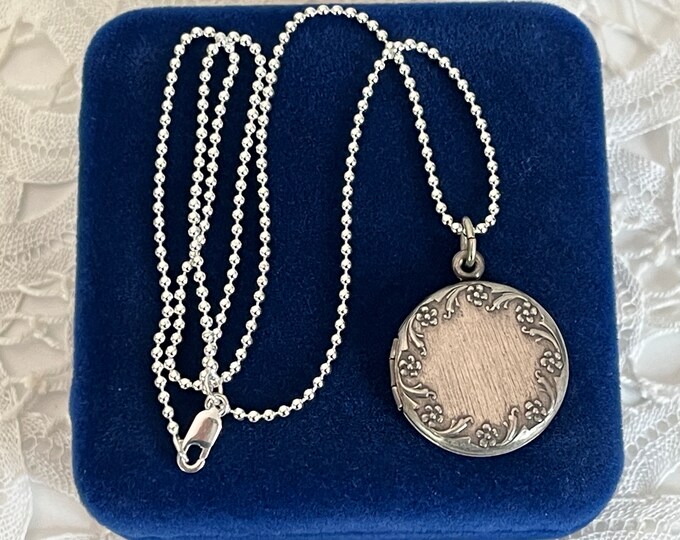 Vintage Round Locket Pendant Necklace - Pewter w/ Raised Flower Edge Design on 925 Ball Chain - 2 Photo Mid Century Era Necklace