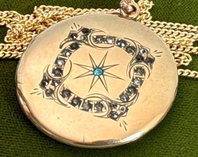 Antique Gold Filled Locket Necklace: Paste Gems, EEN Monogram, 14K GF Chain