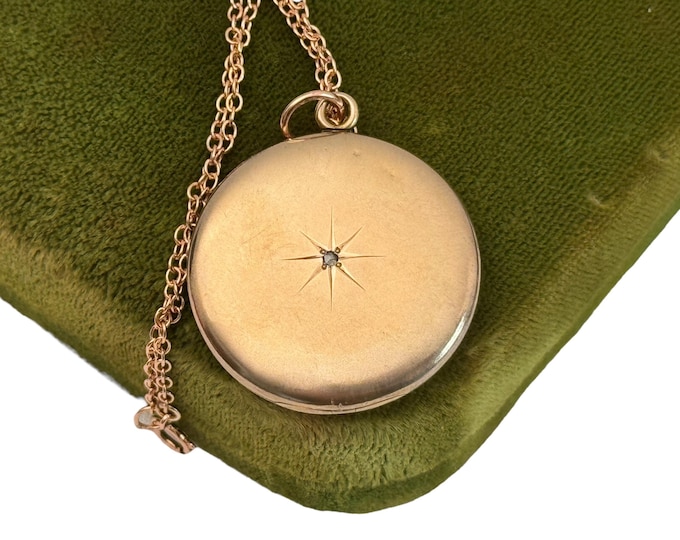 Vintage Rose Gold Shell and Diamond Starburst Locket w/ DAC Monogram - Round Antique 2 Photo Well Necklace w/ W&H Hallmark - Estate Jewelry