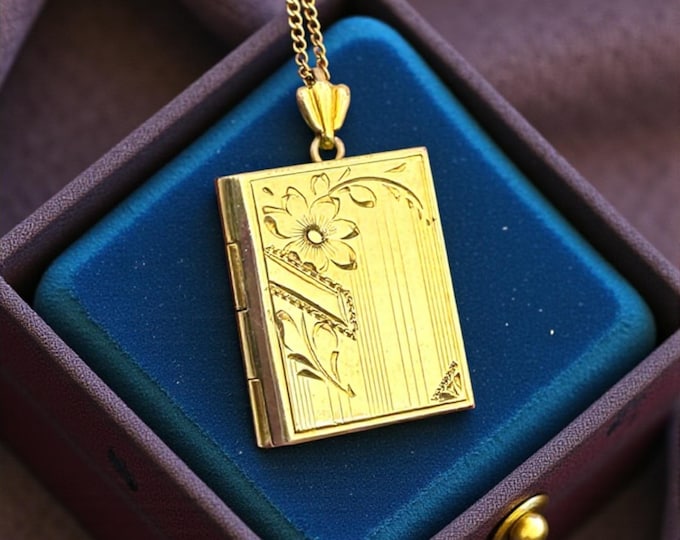 Vintage Speidel Gold Filled Book Locket Necklace - 1940s Floral Etched Keepsake
