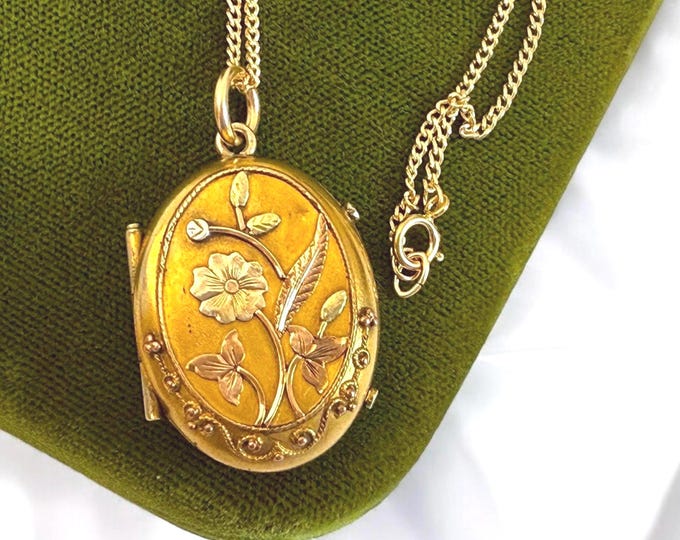 Antique Etruscan Revival Locket: Tri-Color Flower Pendant, 14K Gold Filled Chain