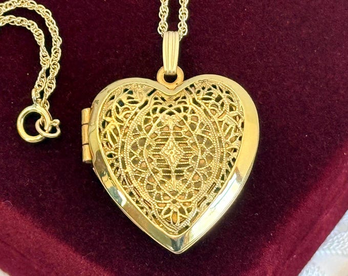 Vintage 12K Gold Filled Filigree Heart Locket, Ornate Necklace, 14K GF Chain