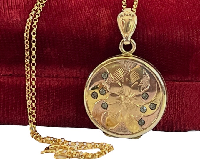 Art Nouveau Gold Filled Locket Round Etched Flower w/ Paste - 2 Photo w/ 14K GF Chain - BB Bliss Bros Necklace Early 1900s Estate Jewelry