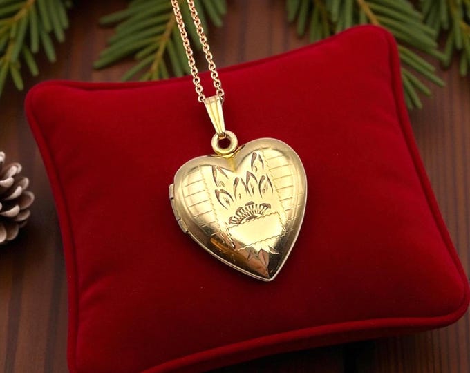 Vintage Gold Heart Locket - Gold Filled Floral Etched Necklace Pendant with Letters MF Monogram