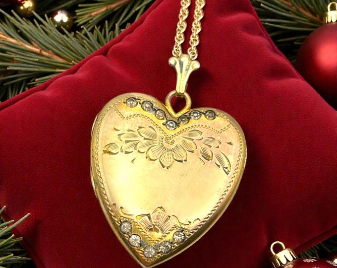 Vintage 14K Gold Filled Heart Locket – Rhinestone Floral Pendant, 20'' Chain