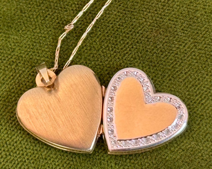 Vintage 10K Gold Heart Locket w/ 22 Tiny White Spinel Gems & White Gold Accents GERMANY Hallmark - 2 Photo Wells on 10K Gold Chain Necklace
