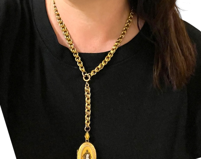 Antique Cameo Oval Mourning Locket on Ornate Loriat Style Rolo Chain - Vintage Necklace Mixed Metal Victorian Cover ca 1800s Red White Cameo