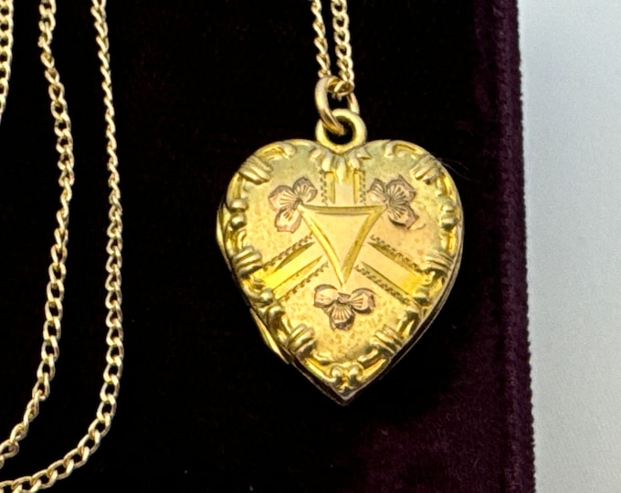 Vintage Gold Filled Etched Heart Locket w/ Shamrocks Triangle Cartouche & Repousse Edges - Retro 2 Photo Pendant Necklace on 14K GF Chain