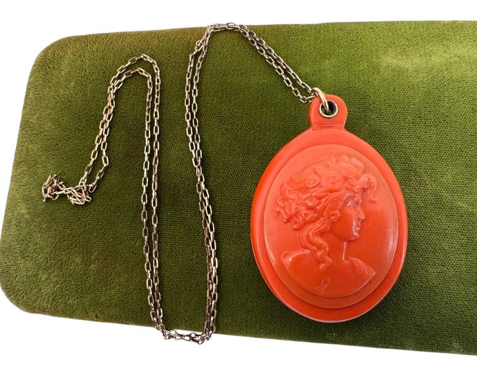 Antique Celluloid Locket Cameo - Large Oval 2 Photo Wells w/ 2 Old Photos - Vintage Necklace w/Specialty Chain ca 1920s - Burnt Orange Color