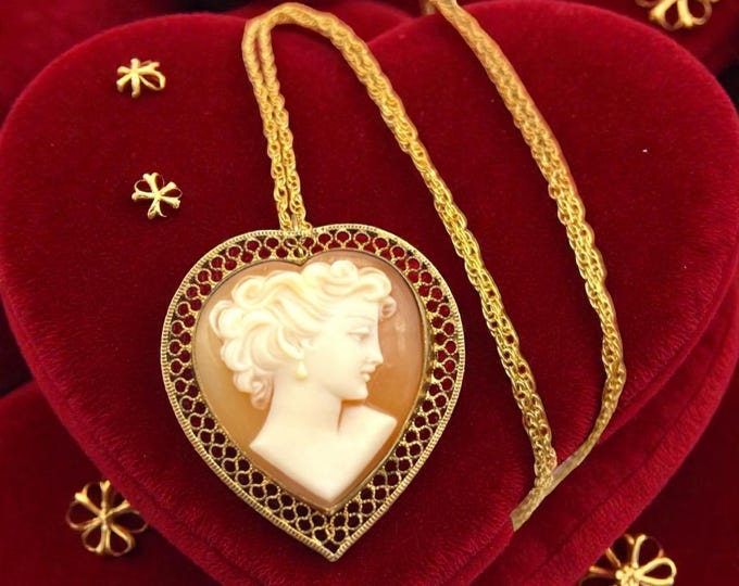 Vintage 12K Gold Filled Cameo Pendant Brooch: Heart Shaped 1940s Jewelry