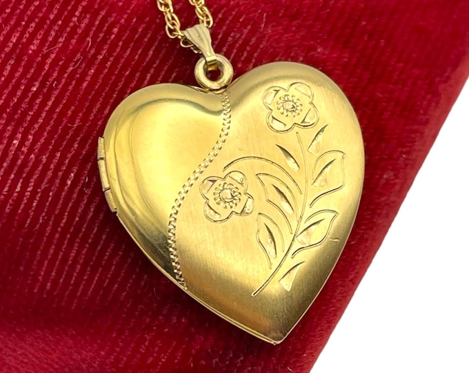 Vintage 14K Gold Filled LARGE Heart Locket Necklace - Etched JM Hallmark on 14K GF Chain Estate 1940s Jewelry
