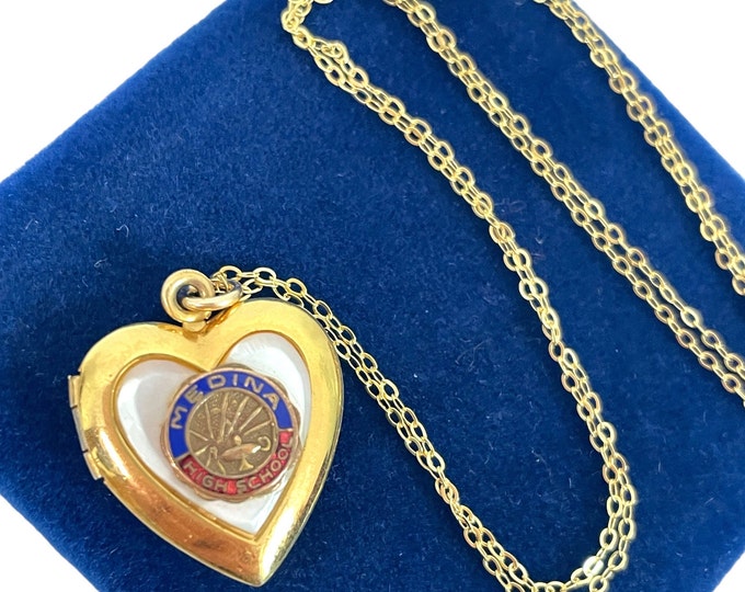 Vintage Gold Filled Heart Locket - Mother of Pearl Medina High School Insignia Engraved D '40 - 14K GF Chain 2 Photo Necklace Estate Jewelry